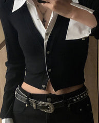 Hnewly FALL OUTFITS Sexy Fake Two Piece Set Women's Shirts Office Ladies V-neck Chic Slim Spell Color Single Breasted Fashion Female Shirt