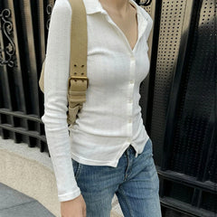 Hnewly Women Autumn Spring Lightweight Knitted Cardigan Solid Color Eyelet Long Sleeve Button Down Lapel Slim Fit Tops Y2K Streetwear