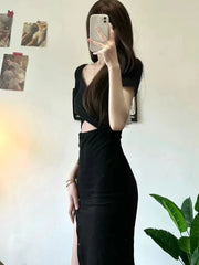 Hnewly Black Dress Women Irregular Slit Hotsweet Summer Hollow Out Elegant Bodycon Party Fashion Streetwear Daily All-match Vacation