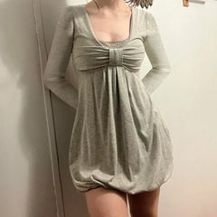 Hnewly Elegant Sweet Bow Patchwork Fake Two Piece Dresses Sexy Square Collar Dress for Women Long Sleeve Loose Vestidos Femininos