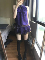Hnewly Purple Satin Lace Halter Dress Sleeveless Waist Cinched Cake Skirt Short Vintage Women Summer Fashion Sexy Gown Neck Hanging