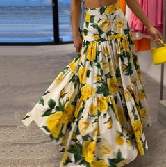 Hnewly New Fashion Women's Skirt Set Summer Casual Simple Commuting Style One Shoulder Bubble Sleeves Print Two Piece Set