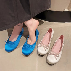 Hnewly Newest Royal Blue Silk Ballet Flats Woman Classic Round Toe Bowtie Ballerina Shoes Ladies Elegant Slip-on Soft Satin Loafers