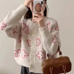 Hnewly Cute Floral Knitted Cardigan for Women Cozy O-neck Button Front Sweater Jacket Teen-girl Fall Winter Korean Fashion Outfit