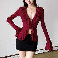 Hnewly spring birthday outfit y2k Tops Women Fairycore Clothing Solid Color Ruffle Collar Flared Long Sleeve Blouse Shirt 2000s Clothes Streetwear