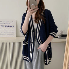 Hnewly Women Cardigan Sweater Varsity Striped Front Pocket Long Sleeve Button-up Knit Sweater Jacket College Student Girl Preppy Style