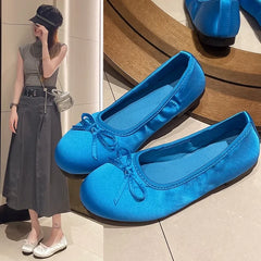 Hnewly Newest Royal Blue Silk Ballet Flats Woman Classic Round Toe Bowtie Ballerina Shoes Ladies Elegant Slip-on Soft Satin Loafers