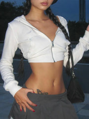 Hnewly FALL OUTFITS Y2K Aesthetic Vintage Basic Zip Up White Cropped Hoodies 2000s Fashion Big Pockets Front Hooded Long Sleeve Sweats Cute