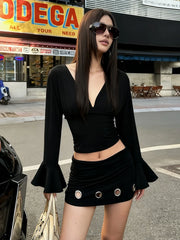 Hnewly Cutenew Fashion Backless 2-Piece Set Women Hottie V-Neck Lace-Up Ruffle Sleeve Crop Top+Hollow Peach Hip Skirt Sexy Clubwear