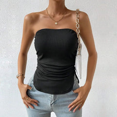 Hnewly Slash Off Shoulder Drawstring Slimm Asymmetrical Solid T Shirt Tank Crop Tops Chic Korean Fashion Summer Women Strapless Vest