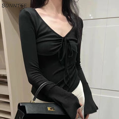 Hnewly V-neck T-shirts Women Velvet Slim Designs Hot Sweet Drawstring Solid Simple Office Ladies Korean-style Elegant Leisure All-match