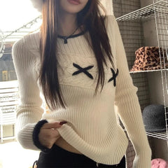 Hnewly Korean Style Elegant Sweaters Sweet Vintage Long Sleeve Knitted Pullover Autumn Winter Patchwork Sweaters Aesthetics