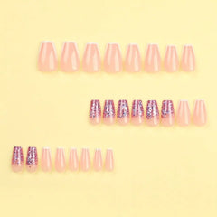 Hnewly French False Nails White Edge Crystal Blue Gradient Press on Nails Gold Glitter Sequins Lines Full Cover Nail Tips Women Girls