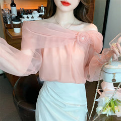 Hnewly New French Off Shoulder Top Sexy Sweet Long Sleeve Chiffon Shirt Blouse Women's 3D Flower Pink Off White Shirt Top