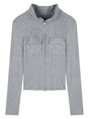 Hnewly Women T-shirt Spring Autumn Clothes Ribbed Knitted Long Sleeve Short Tops Zipper Design Tee Sexy Female Slim Tops