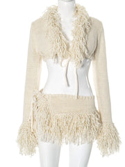 Hnewly Crochet Tassel 2 Piece Set Women Lace-Up Cardigan Full Sleeve Crop Tops+Irregular Slits Mini Skirt Sexy Hipster Suit