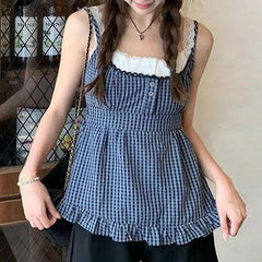 Hnewly Cute Coquette Plaid Print Crop Top Y2k Sweet Lace Patchwork Fake Two-piece Strap Tops Vintage 2000s Women Tees Aesthetic