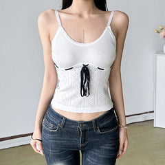Hnewly Summer Holiday Knitwear Crop Top Contrast Lace-up Bow Patchwork Tees Women Sexy Hollow Out Sleeveless Skinny Camis Casual