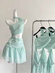 Hnewly Elegant Sexy Summer New Women's Dress Asymmetrical Shoulder Pure Desire High Design Sense Waist Cinching Mesh Skirt