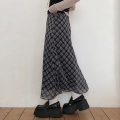 Hnewly Preppy Style Plaid Print Mesh Skirt Casual All-match Loose A-line Long Skirts for Women Summer Retro Skirt Korean Fashion