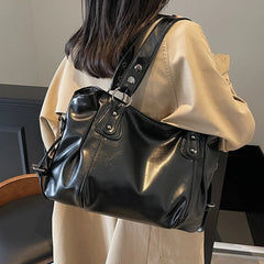 Hnewly Retro Brand Roomy Shoulder Bag Female Luxury Solid Color Classic Crossbody Bag Large Capacity Style Soft PU Leather Tote Bag