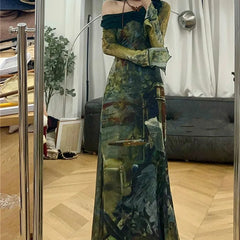 Hnewly Elegant Vintage Green Print Dresses Y2k Skew Collar Long Sleeve Dress for Women Spring New Slim Fit Bodycon Vestidos Mujer