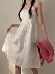 Hnewly Chic Summer Age-Defying Gentle Style Square Collar Sleeveless Women's Commute Versatile Meat Concealing Dress Cotton High Waist