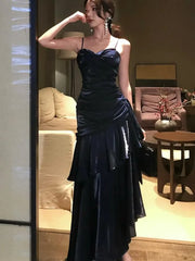 Hnewly Women Blue Elegant Sexy Long Dresses French Pleated Slip Sleeveless Prom Vestidos Birthday Evening Party Dress