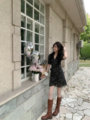 Hnewly Vintage V-Neck Printing Butterfly Sleeve Mini Dresses for Women Party Elegant Streetwear Slim Bodycon Dress Korea Summer