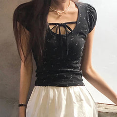 Hnewly Cute y2k Floral Print Crop Top Chic Bandage Square Collar Puff Sleeve T Shirts Vintage Women Summer Shirts Korean Fashion