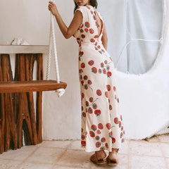 Hnewly Women Y2k V Neck Maxi Dress Vintage Floral Print Sleeveless Backless Long Dress Bohemian Beach Midi Dress Streetwear