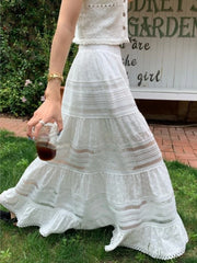 Hnewly Hollow Lace Spliced White Long Skirt 2025 Spring Summer New Elastic Waist Cotton A-line Vacation Beach Boho Skirt