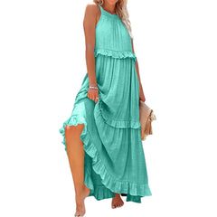 Hnewly Ladies' Temperment Green Korean Summer Long Dress Fashion Classic Loose Large Swing Holiday Beach Skirt