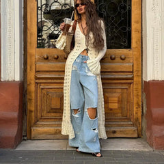 Hnewly Women Y2K Chic Flare Long Sleeve Aesthetic Button-down V-Neck Ruffle Hem Hollow Out Knitted Long Dress Boho Beachwear