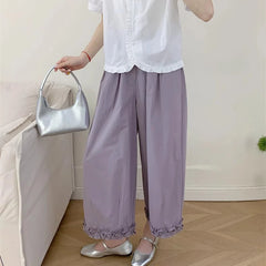 Hnewly Korean Ruffles Wide Leg Pants Women Summer High Waisted Loose Straight Leg Pants Woman Solid Pocket Ankle Length Pants Female