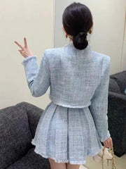 Hnewly Autumn New Tweed Short Jacket Coat and Mini Skirt Two Piece Set for Women Outfits Vintage Tassel High Waist Pletaed Skirt Suits