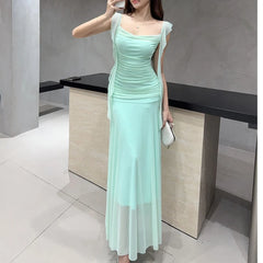 Hnewly Sexy Crisscross Back Party Prom Vestidos Robe Elegant Sheer Mesh Pencil Dress Women's Ruched Panel Design Green Ribbon Dress