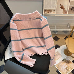 Hnewly Short Sweater Women's Autumn Winter 2025 New Stripe Hollow Out Fashion Star Letter Knitwear Long Sleeve Top Thicked Pullover