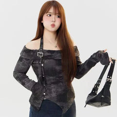 Hnewly Y2K Sexy Slash Neck T Shirt for Women Korean Elegant Off Shoulder Irregular Female Tops Fashion Tie Dye Long Sleeve Pullovers