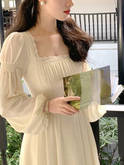 Hnewly Spring French Elegant Solid Midi Dress Woman Long Sleeve Fairy Party Dresses Casual One Piece Dress Korean Female Fashion