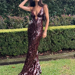 Hnewly Sequins Spaghetti Straps Women's Long Maxi Dress Sleeveless Backless High Waist Sexy Evening Birthday Party Gown