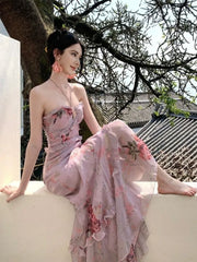 Hnewly Woman Dress Sexy Elegant Sleeveless Floral Printed Spring Fashion Irregular Ruffles Holiday Hollow Out Backless Dresses