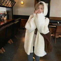 Hnewly Chunky Knit Open Front Hooded Cardigan for Women Comfy Longline Sweater Hoodie Coat Female Casual Chic Autumn Winter Outfit