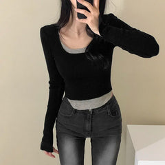Hnewly Contrast Stitching Crop Top Harajuku y2k Casual Full Sleeve Patchwork T-shirts for Women Fall Basic Tee Ladies Streetwear