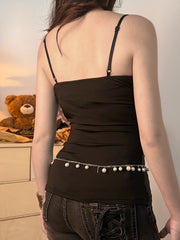 Hnewly club outfits Y2k Baddie Sequin Spliced Faux Collar Women’s Tanks Sleeveless Solid Slim Fit Fashion Sexy Gyaru Camisole