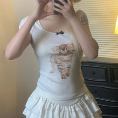 Hnewly Cute Animal Print Crop Top Bow Stitching Square Collar Short Sleeve T-shirt Women Vintage White Skinny Knitted Tee Summer