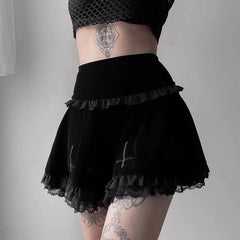 Hnewly Women Sexy Fashion Cross Summer Embroidery Black Gothic Style Casual Party Stylish Lace Trim Mini Skirts