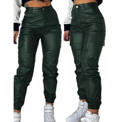 Hnewly Pocket Design Cuffed PU Leather Pants Women Black Solid Color Ankle Length Cargo Safari Pants Trousers Pockets New