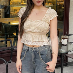Hnewly Sexy Square Collar Lace Edge Ruched Causal Solid Crop Tops Y2K Summer Fashion New Women Daily 2025 Party Vest Clothes