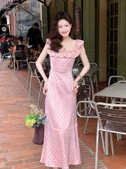 Hnewly French Elegant Satin Midi Dress Female Casual Vintage Lace Sleeveless Ruffles Dress One Piece Dress Korean Fashion Evening Party